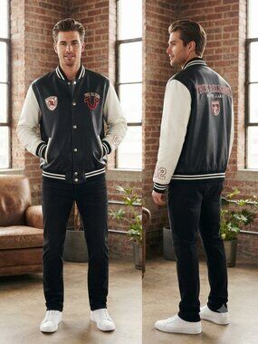 True Religion Black White Vegan Leather Varsity Men's Jacket - Size Large
